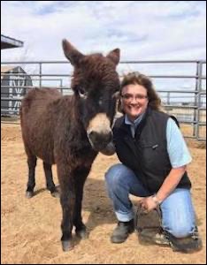 Woman kneeling next to burro