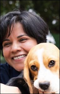 Woman with beagle dog